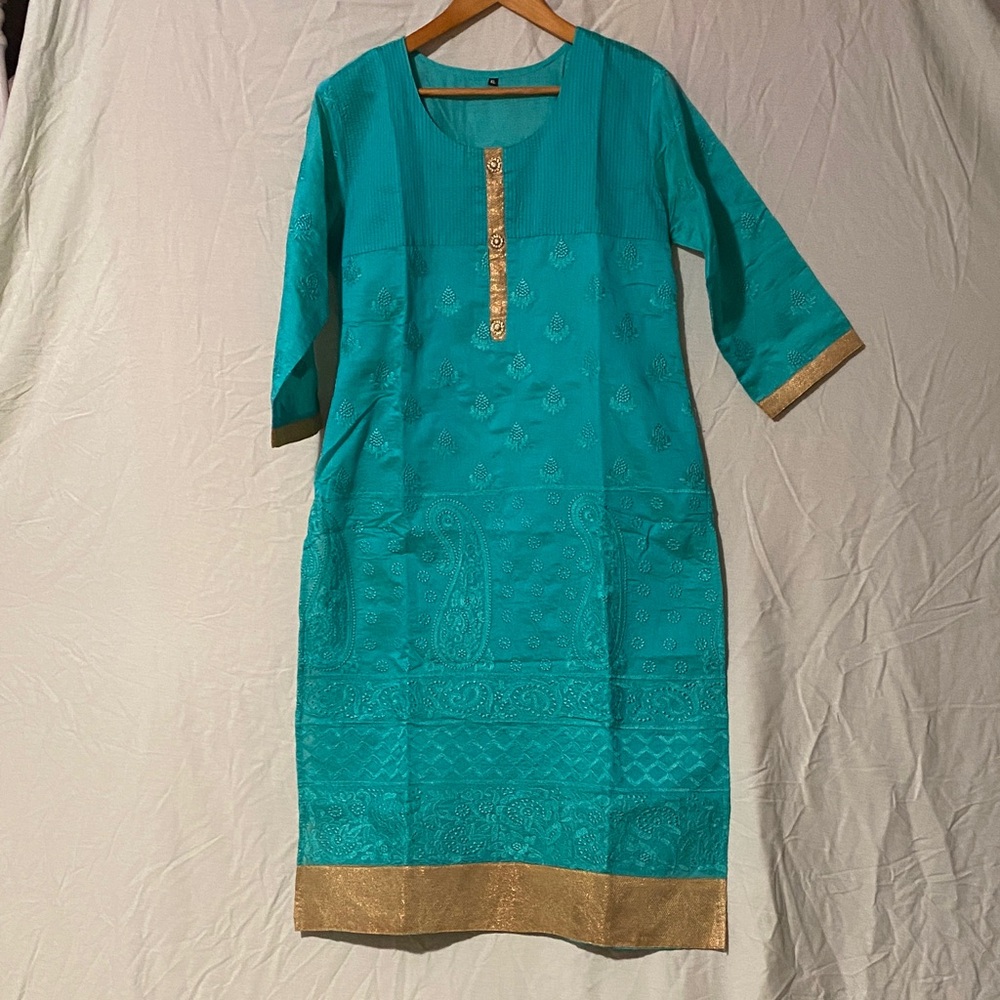 Turquoise Embroidered Kurta Dress with Gold Trim